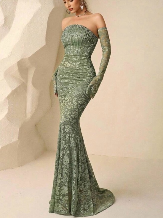 Elegant Strapless Lace Mermaid Dress in Sage Green - Picture 2 of 8
